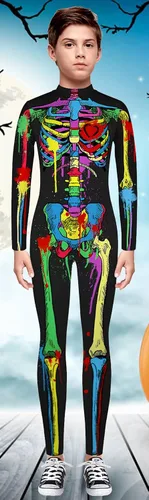 Vista 3 de TCHH - Disfraz de esqueleto de Halloween para niños y niñas, estampado 3D, talla 7 a 14 años