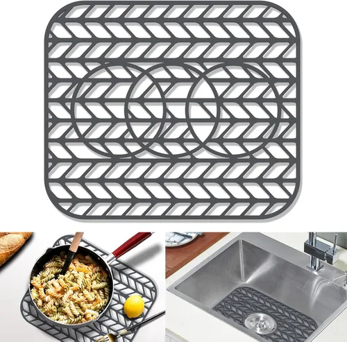 Vista 17 de GUUKIN Protectores de fregadero para fregadero de cocina, 12.25" x 11.5" rejilla plegable antideslizante de silicona para el fondo de fregaderos