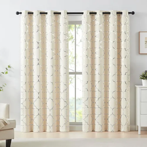 Vista 12 de Purainbow Cortinas opacas beige para dormitorio, sala de estar con paneles de impresión de lámina dorada, oscurecimiento de la habitación