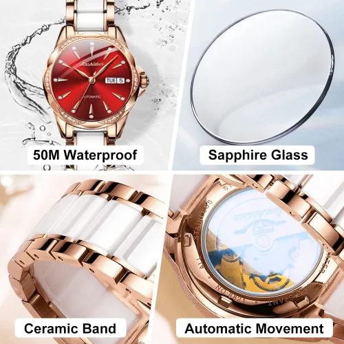 Vista 5 de OLEVS Reloj automático de cara grande para mujer reloj de vestir automático acentuado con diamantes para mujer cristal de zafiro resistente al agua