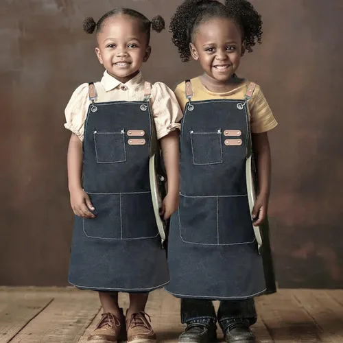 Vista 4 de Delantales ajustables para niños, herramienta impermeable para cocinar, pintura, jardinero, lienzo delantal para niñas y niños de 6 a 12 años
