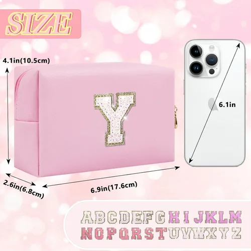 Vista 2 de Bolsa de maquillaje con parche de letra inicial personalizada, bolsa de cosméticos de chenilla preppy con letra de chenilla con cremallera, Y