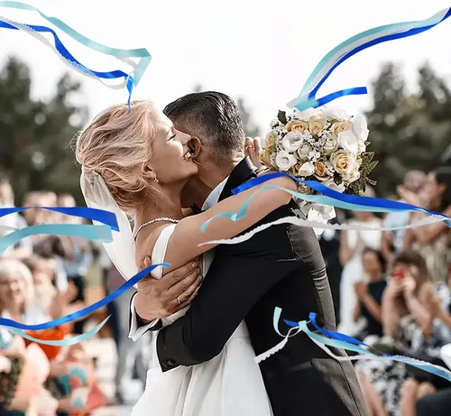 Vista 2 de Paquete de 100 cintas de encaje azul para boda, serpentinas con campanas, varitas de seda de hadas, cinta de salida de boda para actividades