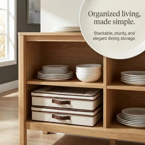 Vista 2 de Household Essentials baúl de almacenamiento de vajilla para platillos, mezcla de algodón, Blanco crudo, 1