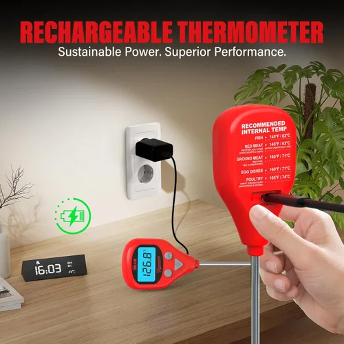 Vista 4 de AWLKIM Termómetro digital recargable para carne con sonda externa de 1m, alerta de advertencia, termómetro de alimentos de lectura instantánea
