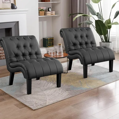 Vista 4 de HAOBO Home Silla de piel sintética sin brazos con botones, silla lateral tapizada para sala de estar, comedor, dormitorio, funiture
