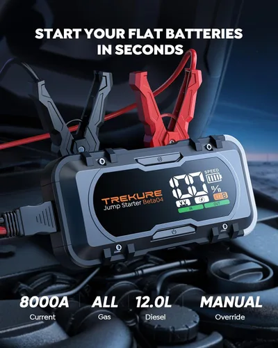Vista 2 de TREKURE Arrancador de batería de auto 8-en-1 8000A pico 65W Carga rápida portátil arrancador de batería de auto portátil (todo gas/10L diésel) Caja
