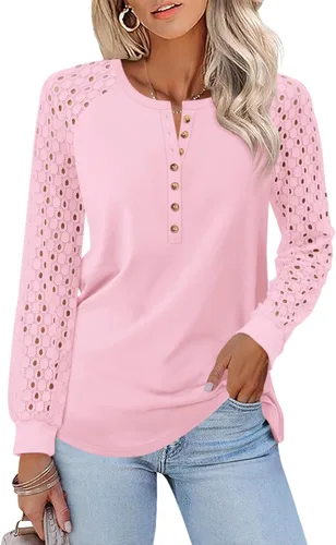 Vista 30 de Minetom Camisetas de manga larga con encaje para mujer, blusas casuales