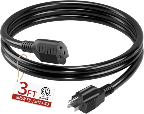 Vista 35 de Cable de extensión corto de 16/3 de 1 pie, cable de extensión negro flexible y duradero, cable de alimentación de 3 clavijas para interiores