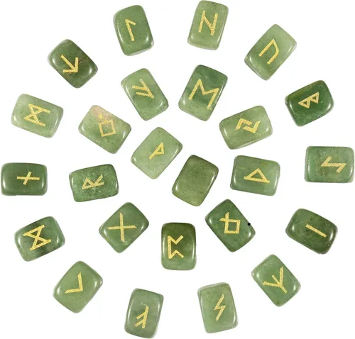 Vista 6 de Nupuyai Juego de piedras rúnicas naturales de cristal pulido de brujas con alfabeto rúnico Futhark de élder grabado para meditación y curación
