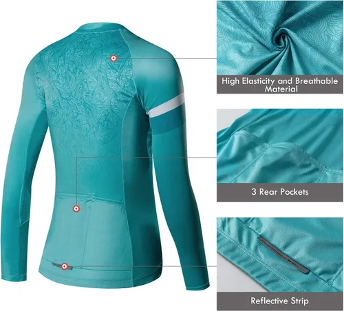 Vista 5 de Santic Camiseta de ciclismo de manga larga para mujer, chaqueta de bicicleta con bolsillos