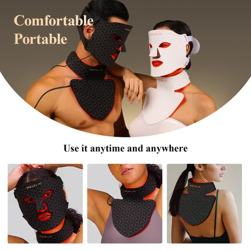 Vista 6 de MEGELIN Máscara facial y cuello de terapia de luz roja, máscara facial de terapia de luz LED de 7 colores, máscara de terapia de luz roja Negro