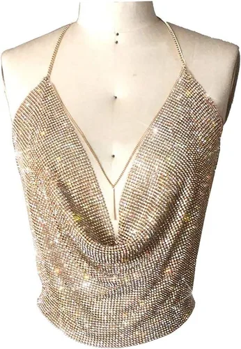 Vista 3 de Camisetas sexys doradas para mujer, con cuello en V profundo y brillante, camisetas sin mangas, camisola con cadena