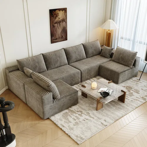 Vista 11 de Sofá modular modular de 139.4 pulgadas, sofás minimalistas en forma de L con diván de asiento medio, moderno sofá convertible de asiento profundo