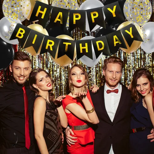 Vista 7 de Cartel de feliz cumpleaños, decoración de cumpleaños negro y dorado, 16 globos de 12 pulgadas con 2 cintas para hombres, mujeres, niñas y niños