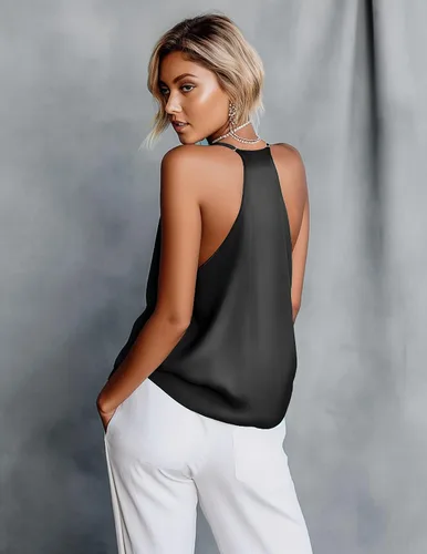 Vista 3 de Ekouaer Camisola de satén para mujer, cuello en V, lencería de seda, sin mangas, tirantes delgados, blusa casual con espalda cruzada
