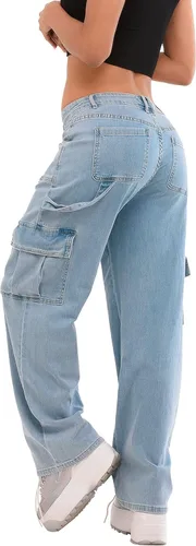 Vista 2 de FALABELLA Jeans tipo cargo holgados de cintura media y alta para mujer con bolsillo de solapa, pantalones de mezclilla holgados de pierna ancha