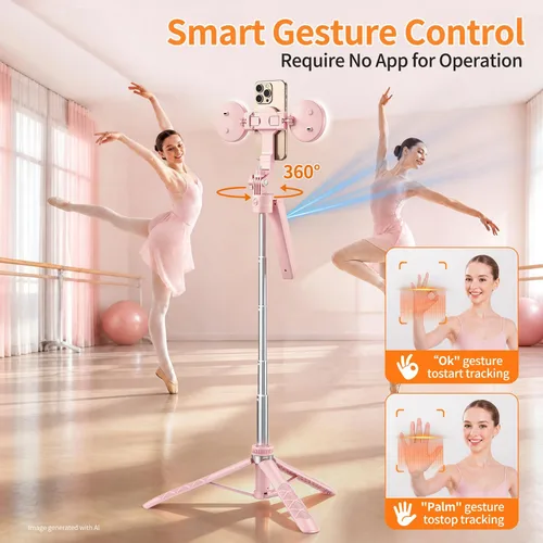 Vista 3 de Trípode magnético de seguimiento facial automático rosa con luz para iPhone, trípode para selfie stick de 71 pulgadas, rotación de 360° que sigue tu