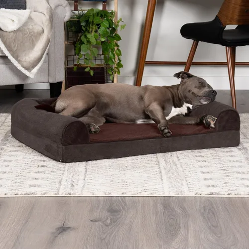 Vista 2 de Furhaven Cama ortopédica de espuma para perros, estilo sofá, de sherpa y chenilla, estilo caja de huevos, café, L