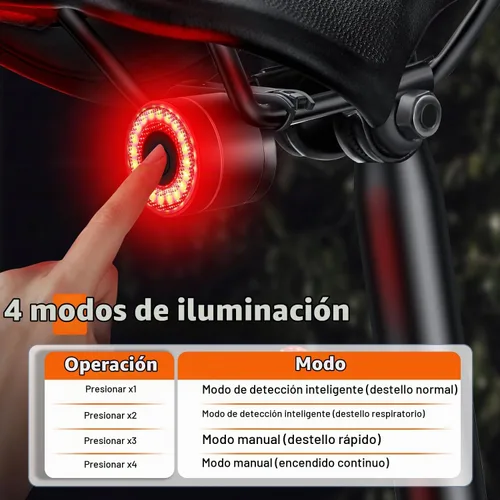 Vista 3 de Luz trasera inteligente para bicicleta, encendido/apagado automático, luz trasera con detección de freno, luz trasera de bicicleta recargable USB C