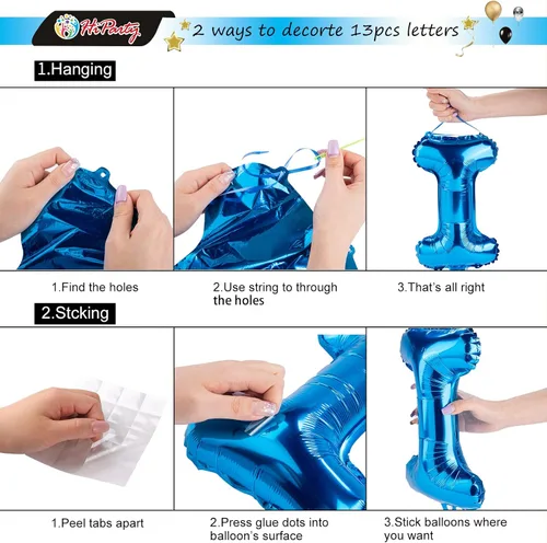 Vista 4 de [Usado] HiParty 23 piezas de guirnalda de globos de cumpleaños, guirnalda de letras 3D azul de mylar de aluminio ecológico premium con 5 piezas