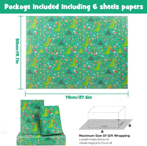 Vista 2 de NEPOG Papel de regalo de Navidad con sombreros de Papá Noel, 6 hojas plegadas planas de 20 x 28 pulgadas por hoja, papel de regalo de dinosaurio