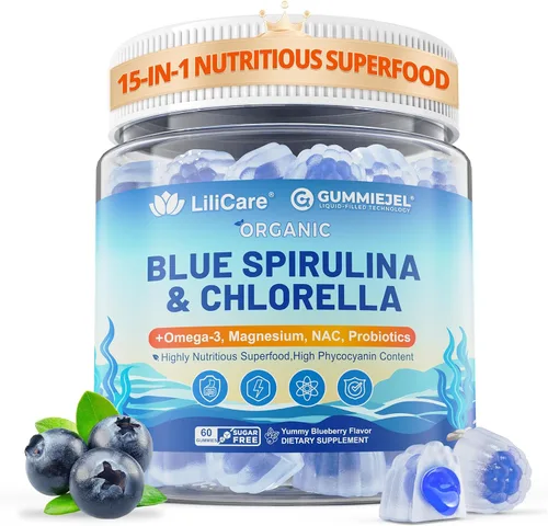 Gomitas orgánicas de espirulina azul Chlorella, superalimentos y excelente fuente de alta ficocianina vegana, clorofila, complejo B, minerales de LILICARE