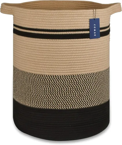 Vista 11 de COMSE Cesta de manta extragrande, canasta alta para ropa sucia, cesta de guardería, 15.7 x 21.7 pulgadas, cesta de ropa tejida con cuerda de algodón