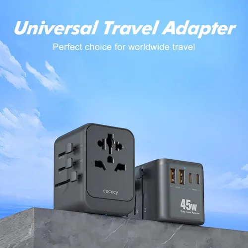 Vista 2 de Adaptador de viaje universal GaN de 45 W Adaptador de corriente internacional de 5 puertos con 2 USB-C PD 3.0, 2 USB-A QC 3.0 y salida de CA