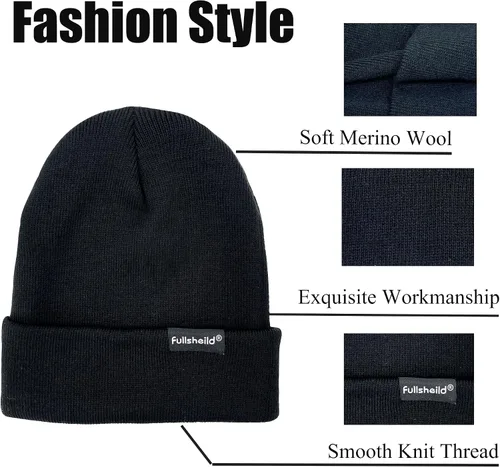 Vista 3 de Gorro de lana merino de punto para hombre y mujer, gorro cálido con puños, para clima frío, esquí, patinaje, negro, talla única