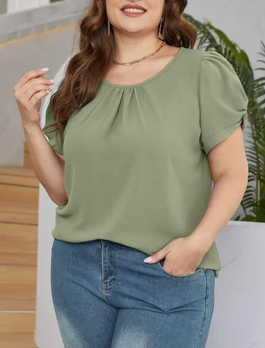 Vista 4 de Saloogoe Blusas de gasa para mujer, de manga corta, plisadas, cuello redondo, manga abombada