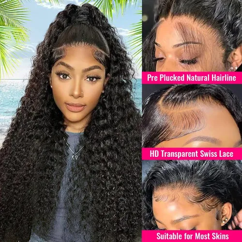 Vista 2 de Pelucas de cabello humano ondulado profundo con encaje frontal transparente HD de 13 x 6 pulgadas, pelucas de cabello humano de densidad 200