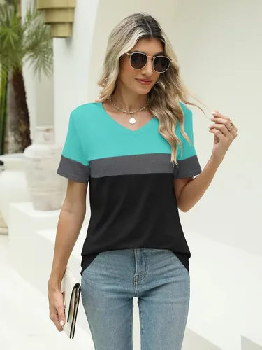 Vista 5 de Minetom Camisetas de manga corta con cuello en V para mujer, camisetas casuales de verano