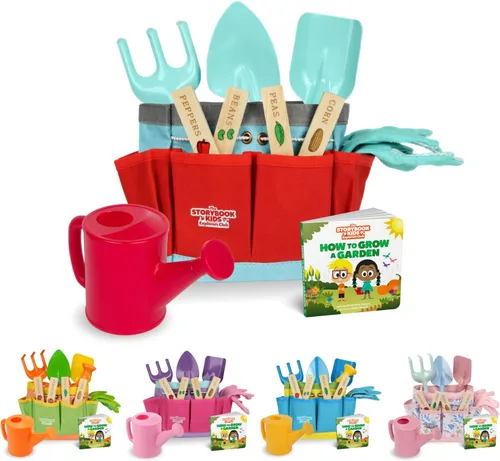 Vista 10 de Herramientas de jardinería rosas para niños: incluye bolsa de mano resistente, regadera, guantes, palas, estacas de jardín y un encantador libro