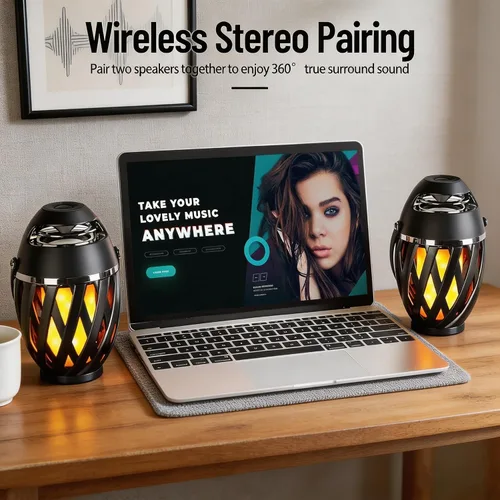 Vista 4 de Paquete de 2 altavoces Bluetooth para exteriores, impermeables, inalámbricos, regalos de cumpleaños para hombres, papá, luz ambiental de llama LED