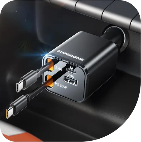 Vista 12 de SUPERONE Cargador retráctil para automóvil, pequeño cargador de automóvil para iPhone, cargador de teléfono para automóvil con USB C y cable Apple