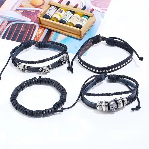 Vista 3 de Punk Skull Braided Leather Wrap Bracelet For Men Women Emo Goth Cuff Bracelet Set Adjustable Gothic Rock Jewelry