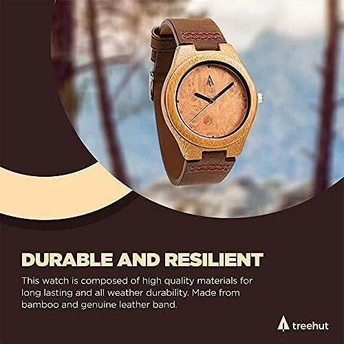 Vista 5 de treehut Reloj de pulsera de madera para hombre con correa de cuero genuino analógico de cuarzo para hombre