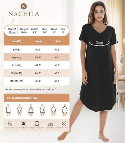Vista 6 de NACHILA Camisones para mujer, viscosa hecha de bambú, cuello en V, manga corta, ropa de dormir fresca