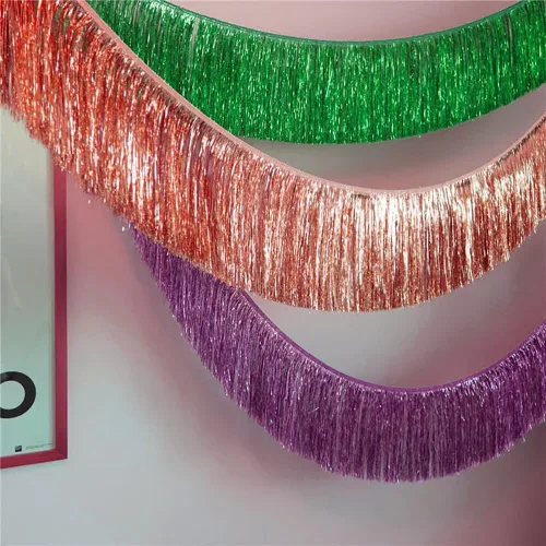 Vista 9 de Guirnalda de oropel con flecos de oro rosa de alta calidad para decoraciones de fiesta, 4 capas de grosor, paquete de 2 unidades, pancarta metálica