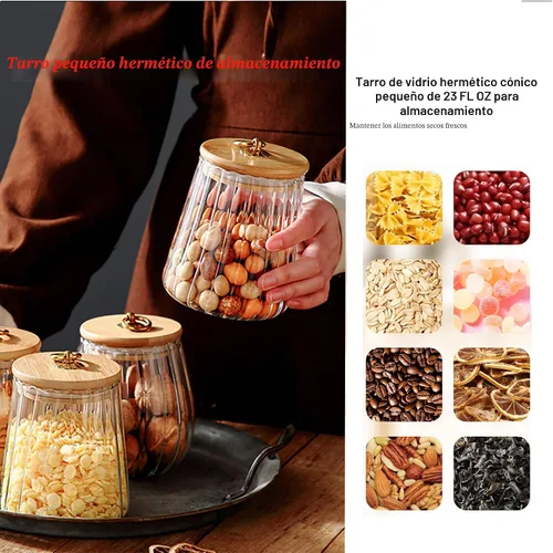 Vista 4 de FANTESTICRYAN Tarro de almacenamiento hermético de café de vidrio con nueces, recipiente decorativo de pétalos con tapa de bambú y asa de metal
