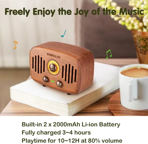 Vista 5 de SIMOLIO Altavoces Bluetooth retro de radio vintage, fuerte y potente sonido estéreo de 2 x 8 W, altavoz de madera de nogal negro natural con radio