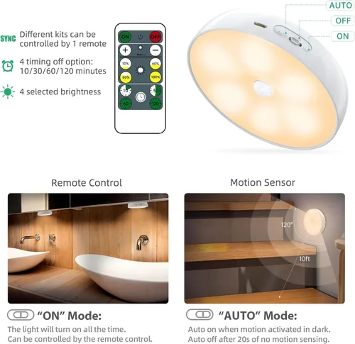 Vista 4 de Luces LED de color cálido para armario, luz de disco con sensor de movimiento, luces de paso de disco recargables por USB, iluminación regulable