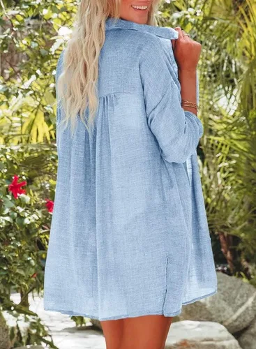 Vista 2 de Dokotoo Camisas de manga larga de algodón con botones para mujer, salida de baño, cárdigans de verano con bolsillos