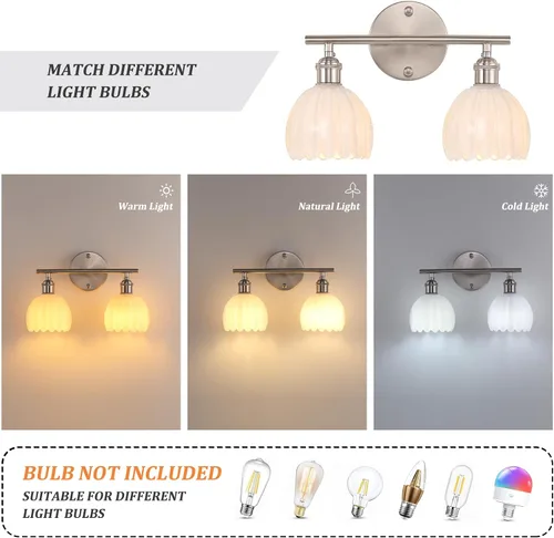 Vista 10 de Shenmoyl Lámparas de baño, lámpara de pared de 2 luces para tocador sobre espejo con pantalla de vidrio tulipán blanco para dormitorio, sala