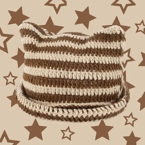 Vista 4 de Gorro de gato, gorro de oreja de gato, gorro holgado para mujer, gótico hecho a mano con ganchillo y 3 pinzas de pelo de estrella