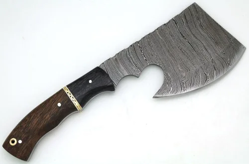 Vista 2 de Damascus Steel Collection Hacha de mango de madera de dos tonos con funda de cuero al aire libre caza camping hacha