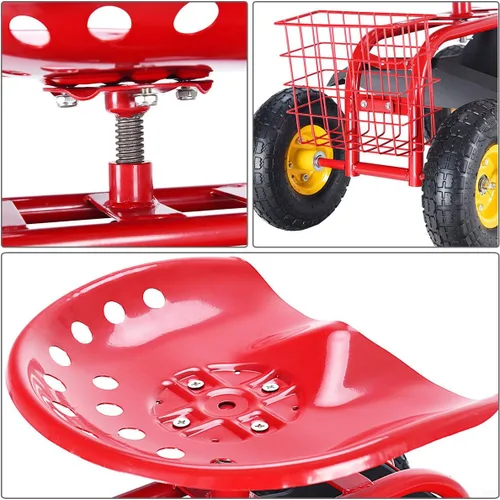 Vista 5 de Giantex Asiento de trabajo de jardín rodante, asiento de trabajo de jardinería giratorio 360 con ruedas, cesta de herramientas, altura ajustable