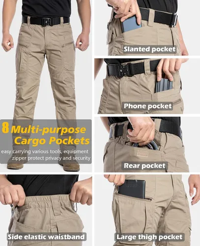 Vista 4 de CARWORNIC Pantalones tácticos ligeros para hombre, pantalones cargo militares, resistentes al agua, para senderismo, trabajo