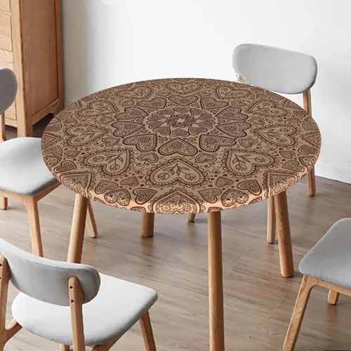 Vista 2 de Mantel redondo de mandala marrón, cocina, comedor o exterior, impermeable y lavable, mantel redondo con bordes elásticos, marrón castaño beige, se